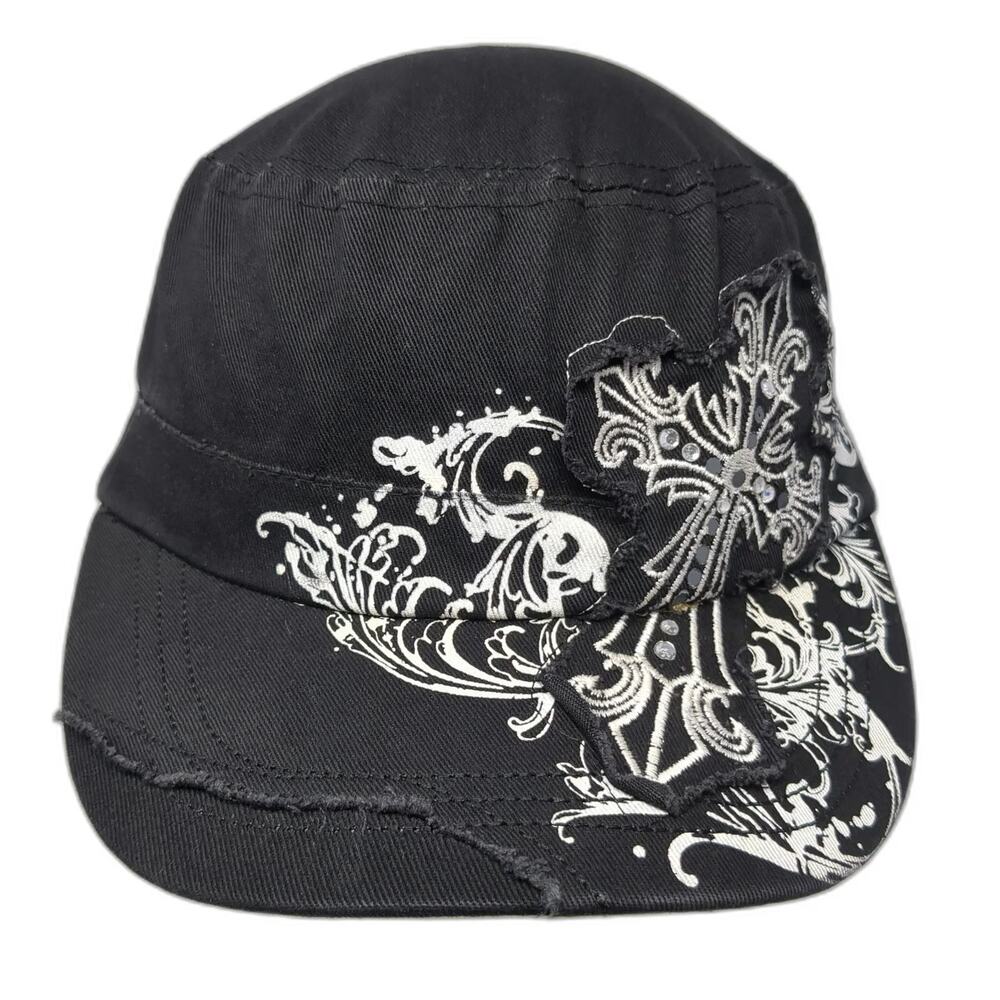 Zancap Army Cap Black One Size Distressed Cross Rhinestone Scroll Cotton Hat